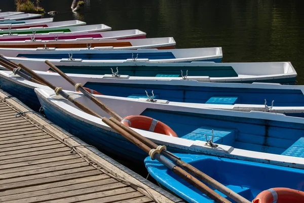 Many Multicolored Boats Anchored Shore — Stock Photo, Image