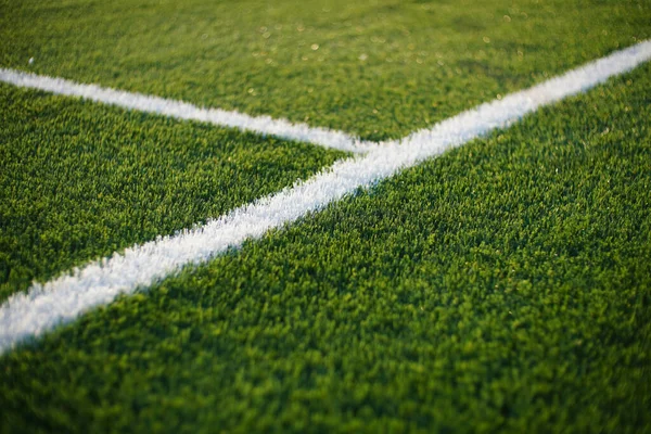 Closeup Green Synthetic Grass Surface Soccer Ground European Football Field — Stock Photo, Image