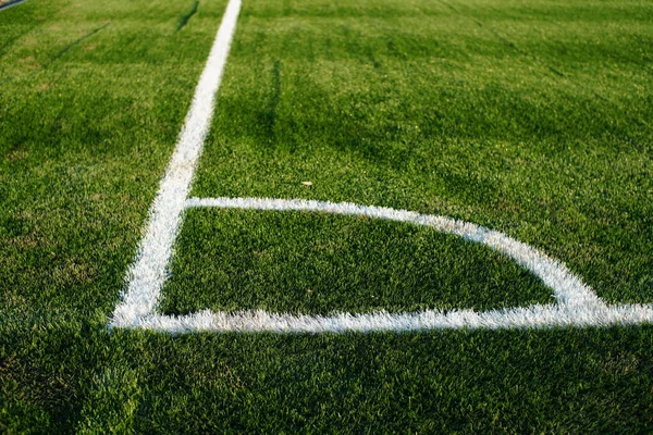 Zbliżenie Zielonej Powierzchni Trawy Syntetycznej Boisku Piłki Nożnej Boisko Piłkarskie — Zdjęcie stockowe