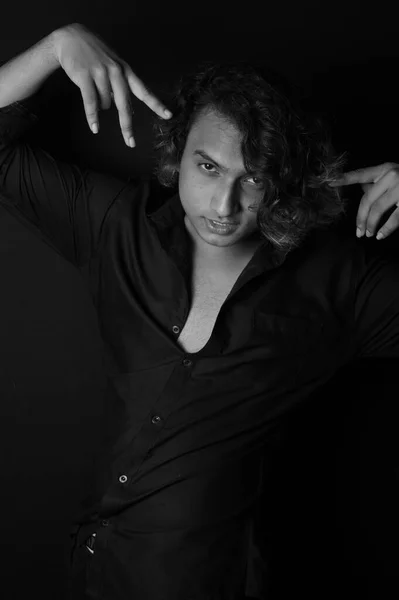 Portrait Young South Asian Male Model Long Hair Black Background — Stock Photo, Image