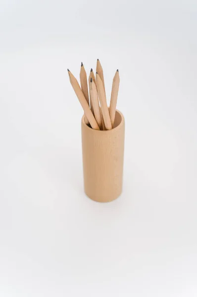 Cylindrical Pen Holder Made Solid Wood White Surface Text Space — Stock Photo, Image