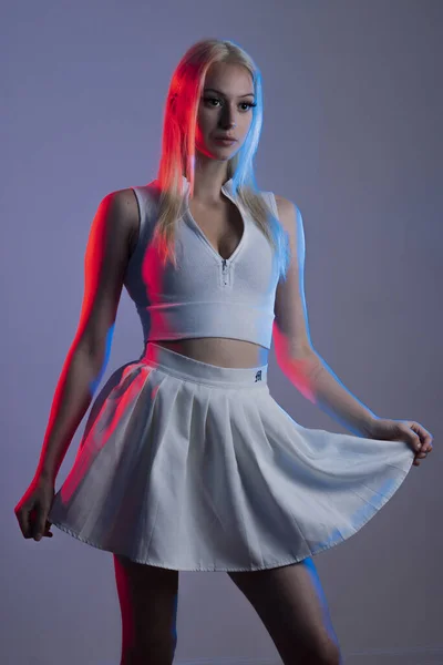 Portrait Young Canadian Woman Platinum Blonde Hair Sportswear Posing Red — Stock Photo, Image