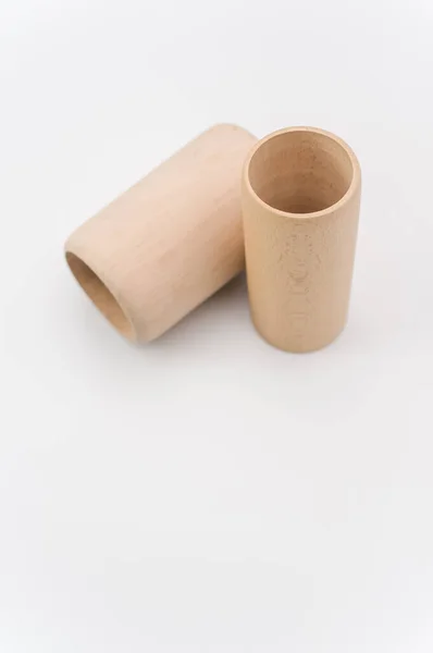 Cylindrical Pen Holder Made Solid Wood White Surface Text Space — Stock Photo, Image