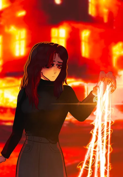 Anime Sorceress Girl Making Fire Lightnings Burning Hou Background — Stock Photo, Image