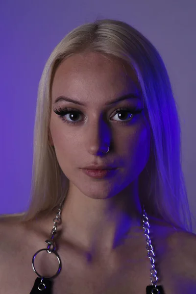 Portrait Attractive Canadian Woman Platinum Blonde Hair Blue Led Lights — стоковое фото