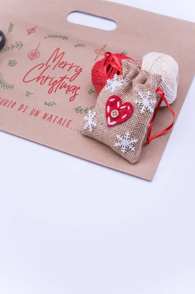 Merry Christmas Decorated Paper Bag Decorative Yarn Ribbon Scissors Copy — Stock Photo, Image