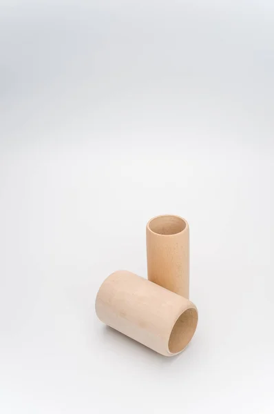 Cylindrical Pen Holder Made Solid Wood White Surface Text Space — Stock Photo, Image