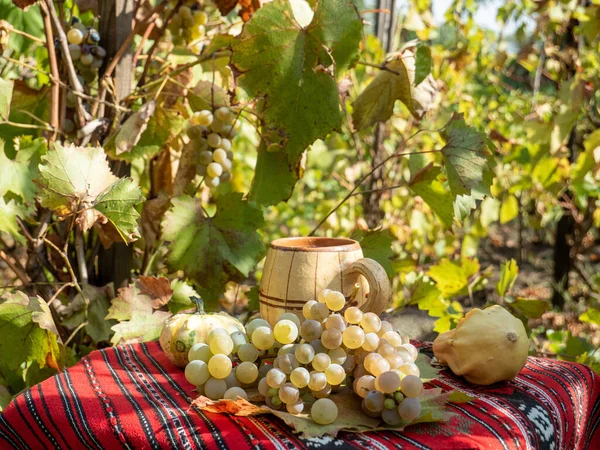 Piękne Zbliżenie Dojrzałych Zielonych Winogron Umieszczonych Stole Winnicy Rolnictwo — Zdjęcie stockowe