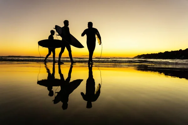 Una Silhouette Tre Ragazzi Che Tengono Loro Tavole Acqua Vanno — Foto Stock