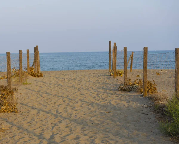 Piękne Spokojne Morze Pod Błękitnym Niebem Pustą Piaszczystą Plażą Podczas — Zdjęcie stockowe