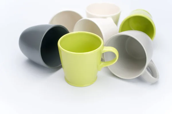 Set Multicolored Ceramic Cups White Tabletop Copy Space — Stock Photo, Image