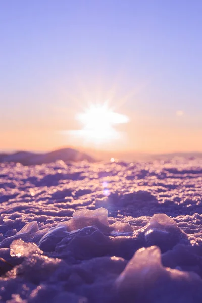 Cores Bonitas Topo Montanha Durante Hora Ouro Gelo Neve Texturas — Fotografia de Stock