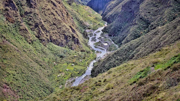 ペルーの緑の植物に囲まれた山の真ん中に流れる川の美しい景色 — ストック写真
