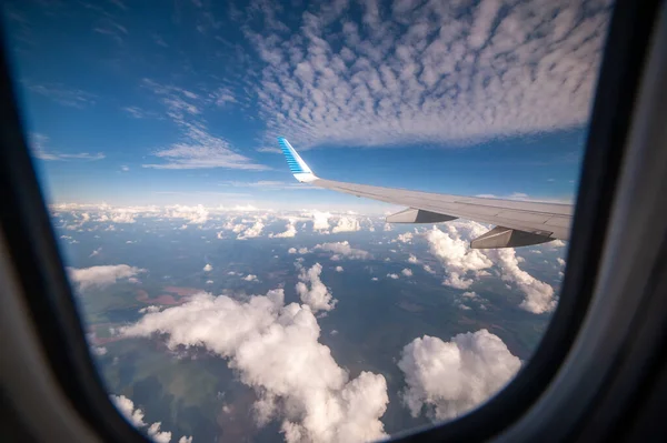 Plane Wing Window Cloudy Sky — Stock Photo, Image