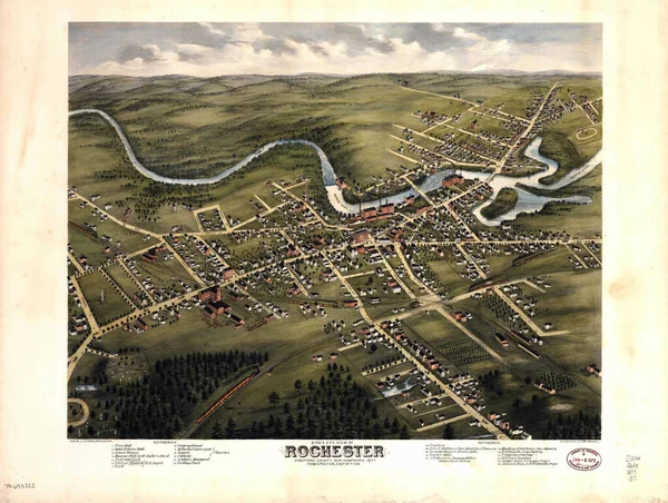 ニューハンプシャー州ストラフォード郡ロチェスターの鳥目図1877年 明治10年 町の東の位置から — ストック写真