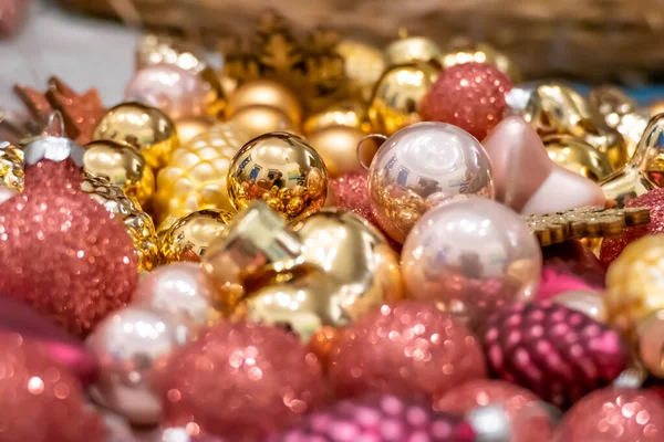 Closeup Golden Pink Shiny Reflective Christmas Decorations Stock Picture