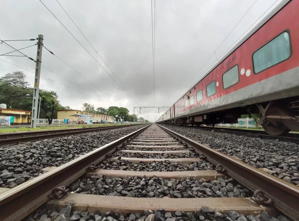 Primer Plano Rieles Ferroviarios Traviesas — Foto de Stock