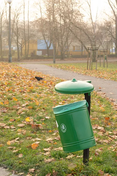 Parktaki Bir Çöp Kutusunun Dikey Görüntüsü — Stok fotoğraf