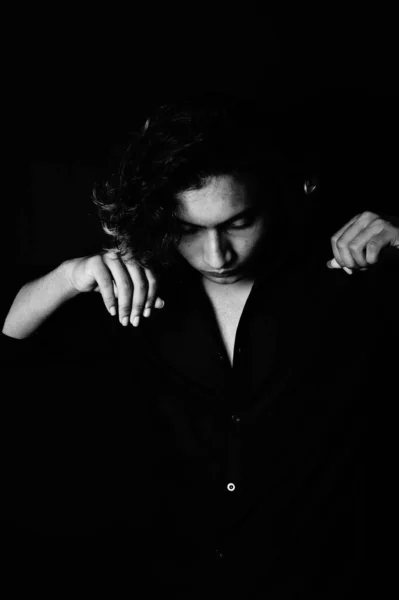Portrait Young South Asian Male Model Long Hair Black Background — ストック写真