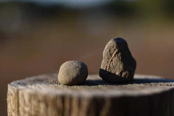 Tiro Enfoque Selectivo Dos Pequeñas Rocas Una Superficie Madera Aire — Foto de Stock