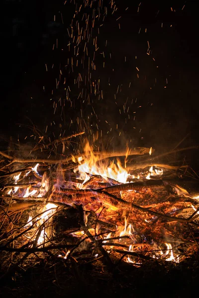 Nahaufnahme Einer Feuerflamme Eines Kleinen Zweiges Der Dunkeln Brennt Nachtaufnahme — Stockfoto
