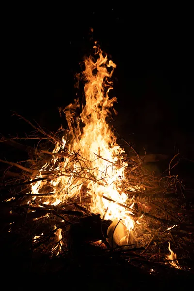 Tiro Vertical Uma Grande Chama Fogo Uma Lenha Queimando Escuro — Fotografia de Stock