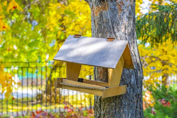 屋外の木からぶら下がっている小さな木製の鳥の家の閉鎖 — ストック写真