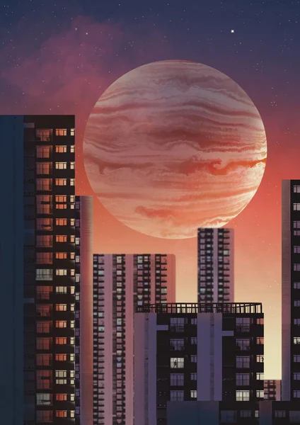 Иллюстрация Высоких Зданий Ночном Городе Полной Луной Заднем Плане — стоковое фото