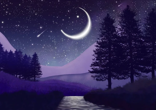 Illustration River Water Flowing Hills Dense Trees Starry Night Sky — Stock Photo, Image