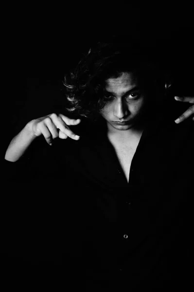 Portrait Young South Asian Male Model Long Hair Black Background — стоковое фото