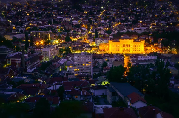 Αεροφωτογραφία Των Νυχτερινών Φώτων Της Πόλης Στο Σεράγεβο Βοσνία Και — Φωτογραφία Αρχείου