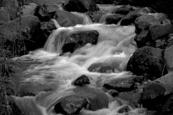 Een Grijsschaal Van Een Rivier Die Naar Beneden Loopt Een — Stockfoto