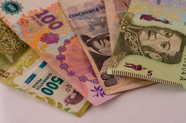 Una Vista Dall Alto Delle Banconote Peso Argentino Una Superficie — Foto Stock