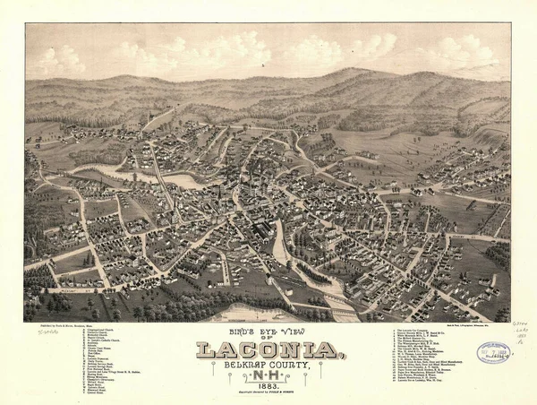 ニューハンプシャー州ラコニアの古い地図には 1883年の町の鳥の目の景色が描かれている — ストック写真
