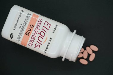 CHICAGO, UNITED STATES - Oct 01, 2021: A top view of a bottle of Eliquis prescription blood thinner (anticoagulant) medication to treat blood clots and prevent stroke. clipart