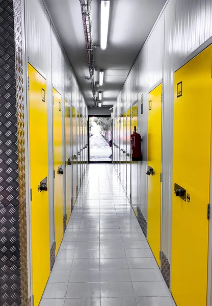 A vertical shot of a hallway with yellow doors