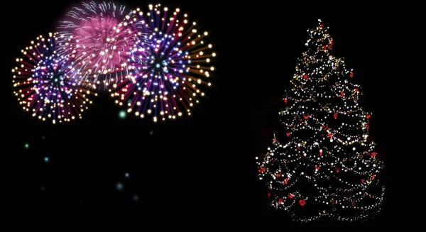 New Years Tree Blurry Bokeh Lights Shiny Fireworks Black Background — Stock Photo, Image
