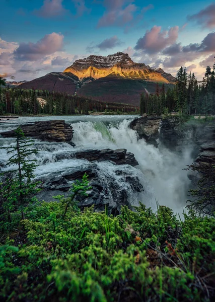 Alberta Kanada Daki Athabasca Şelalesinin Dikey Görüntüsü — Stok fotoğraf