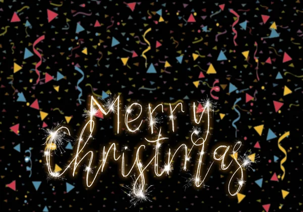 Glanzende Merry Christmas Tekst Met Feestelijke Confetti Zwarte Achtergrond — Stockfoto