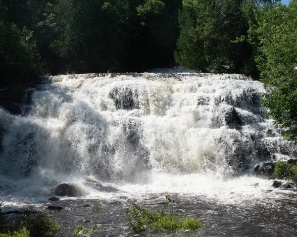 Uma Cachoeira Espumosa Larga Que Flui Rio Floresta Dia Ensolarado — Fotografia de Stock