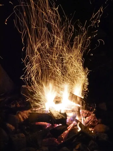 Die Glitzernden Lichter Des Brennenden Brennholzes Freien — Stockfoto