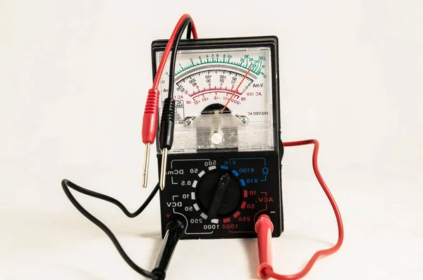 Closeup Old Vintage Multimeter Short Red Black Wires — Stock Photo, Image