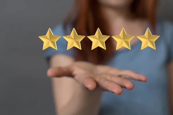 A 3d rendering of a review icon and rating stars showing feedback