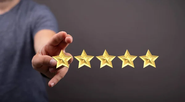 A 3d rendering of a review icon and rating stars showing feedback