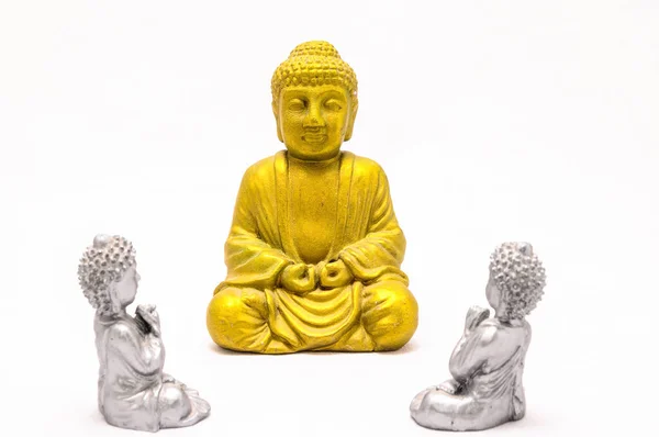 Vertical Closeup Antique Bronze Gold Statues Buddha Praying White Background — Stock Photo, Image