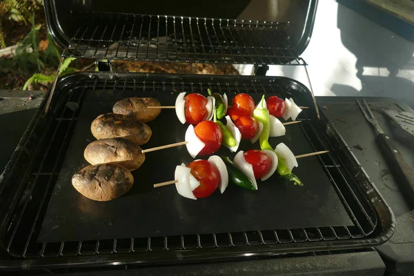 Primer Plano Papas Tomates Cebollas Pimientos Una Parrilla Palo Una — Foto de Stock