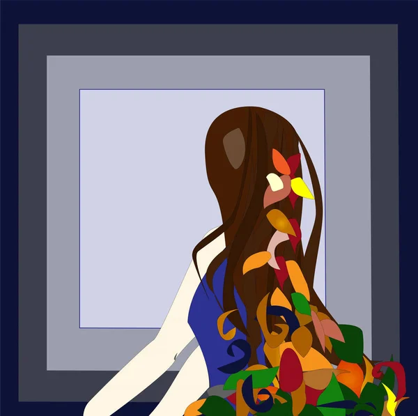 Ilustracja Kobiety Długimi Brązowymi Włosami Pokrytymi Kolorowymi Jesiennymi Liśćmi — Zdjęcie stockowe