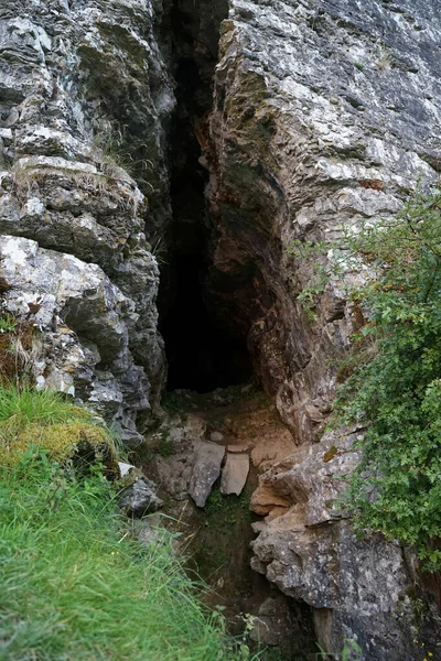 Plano Vertical Una Cueva Colina Rodeada Vegetación — Foto de Stock