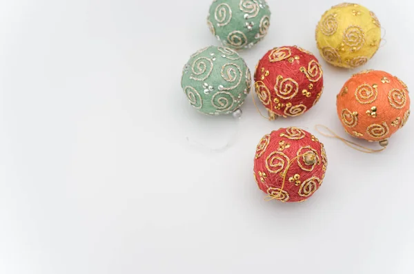 Multicolored Christmas Decorative Balls Sapce Text White Surface — Stock Photo, Image
