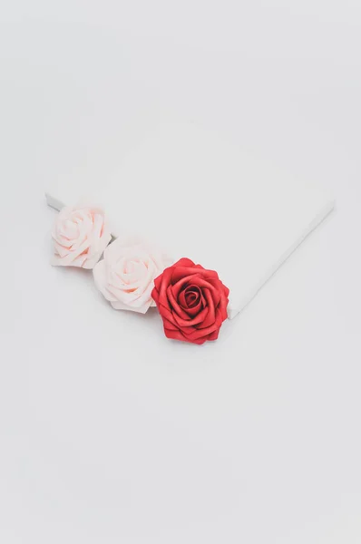 Kırmızı Pembe Çiçekli Başlık Beyaz Üzerinde Boş Bir Tuval Üzerinde — Stok fotoğraf